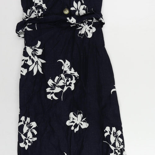 Autograph Womens Blue Floral Linen Sheath Size 6 Round Neck Zip