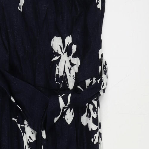 Autograph Womens Blue Floral Linen Sheath Size 6 Round Neck Zip