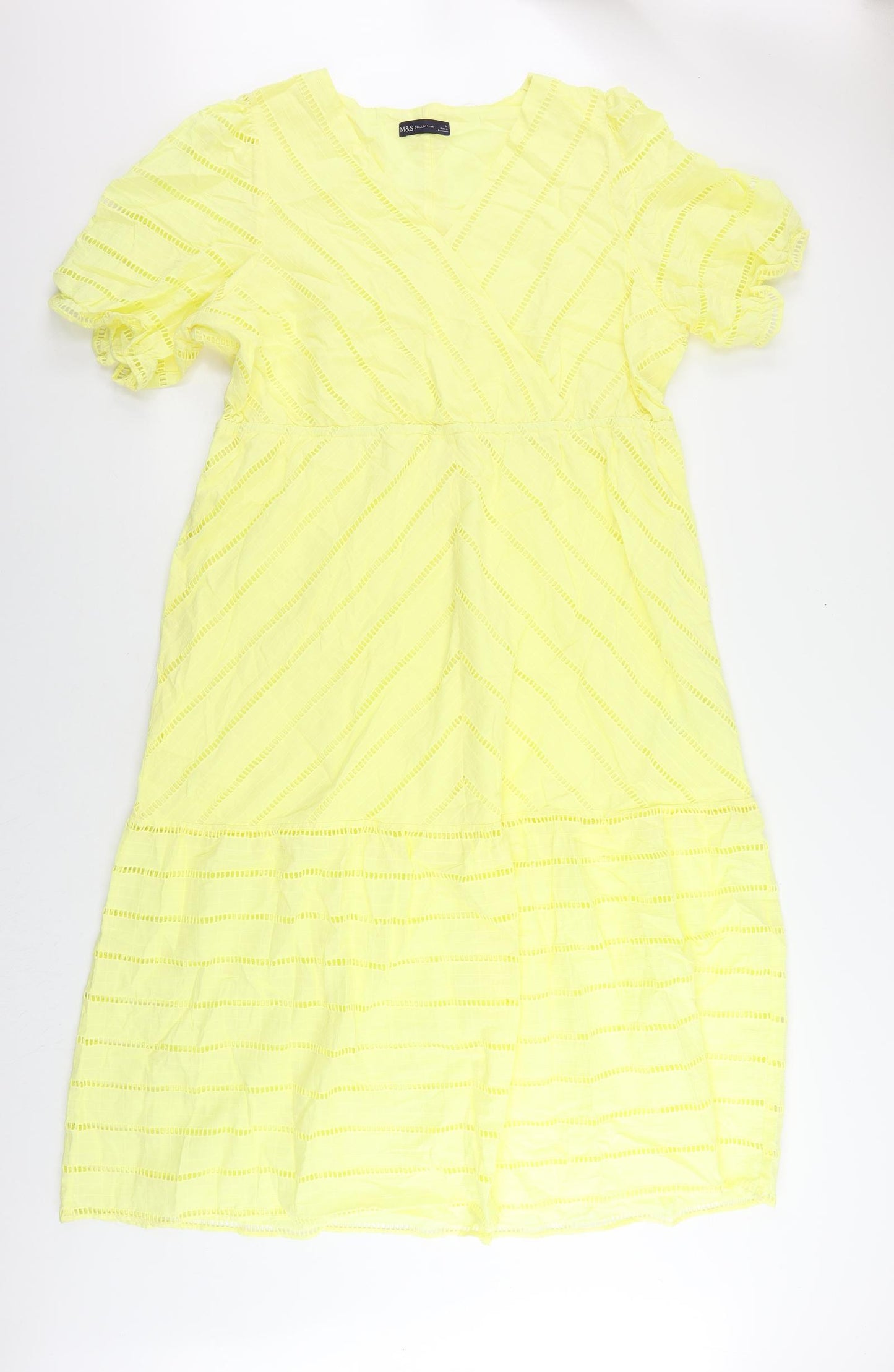 Marks and Spencer Womens Yellow Cotton Maxi Size 20 V-Neck Pullover - Broderie Anglaise
