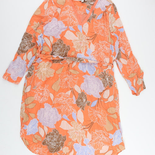 Autograph Womens Orange Floral Silk A-Line Size 24 V-Neck Pullover