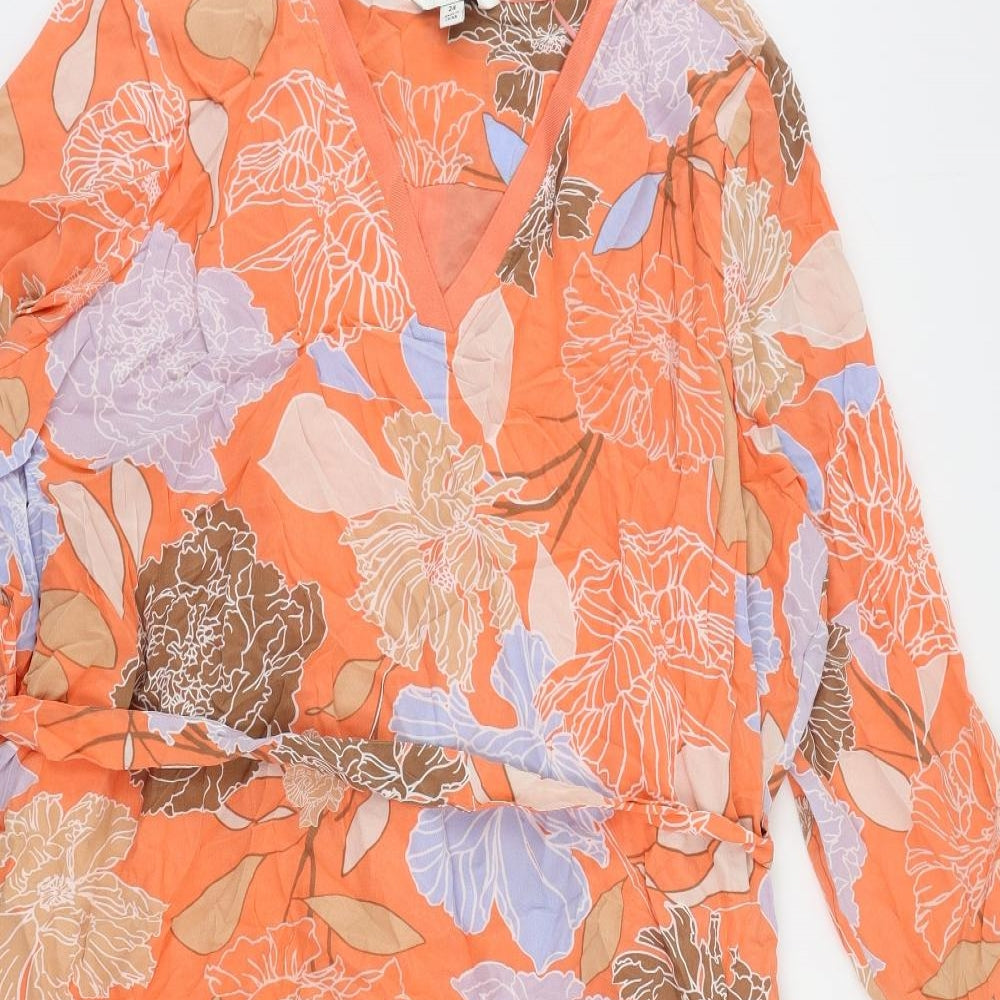 Autograph Womens Orange Floral Silk A-Line Size 24 V-Neck Pullover