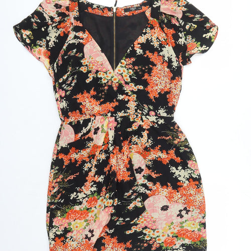 Oasis Womens Black Floral Polyester A-Line Size 10 V-Neck Zip - Lined