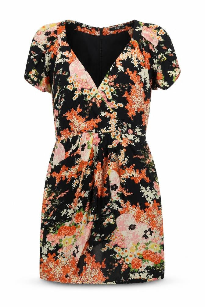 Front view of Oasis women’s black floral polyester a-line, size UK 10, v-neck zip - lined