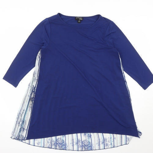 Attitudes Womens Blue Floral Polyester Basic Blouse Size M Round Neck - Pleated Back