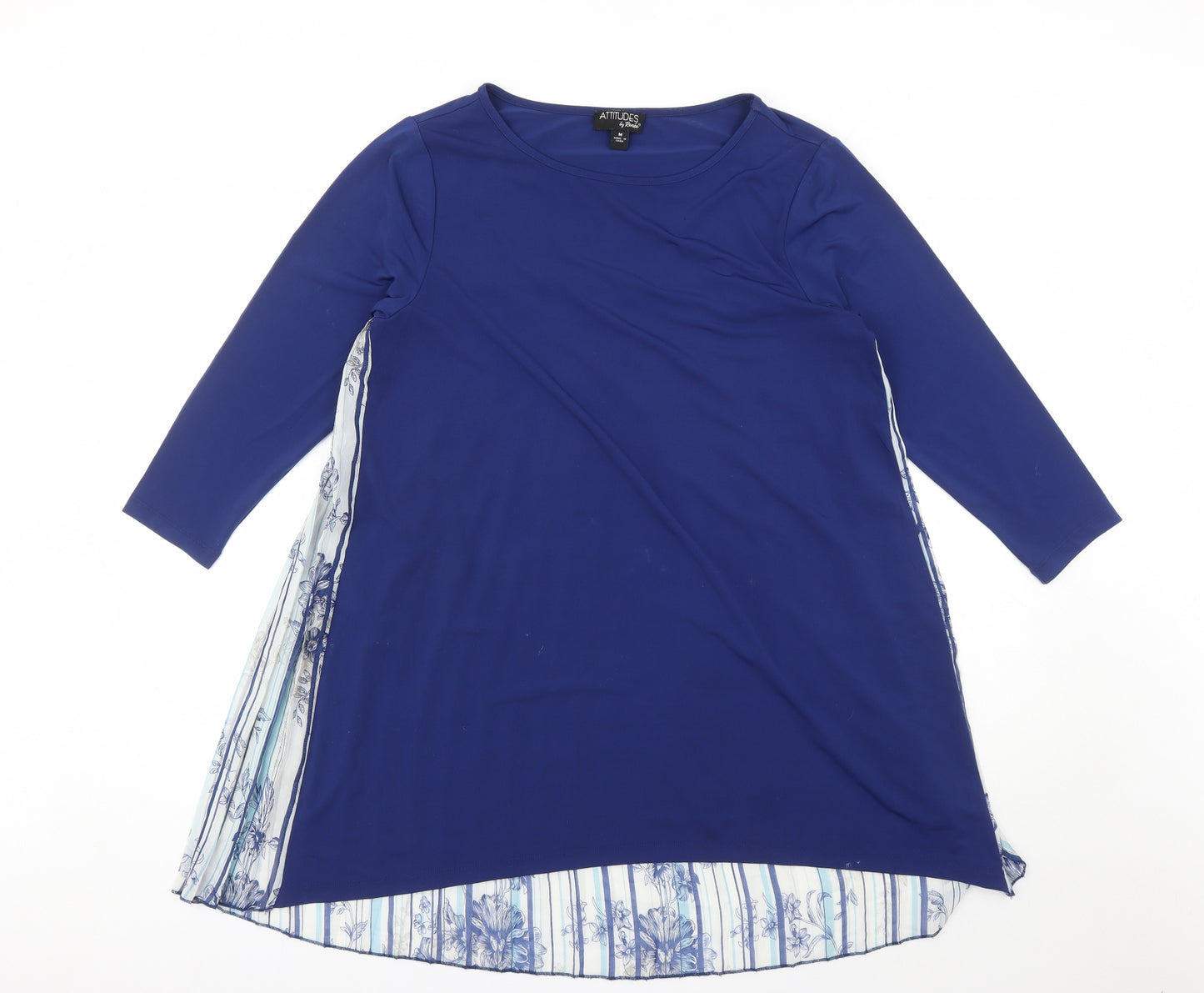 Attitudes Womens Blue Floral Polyester Basic Blouse Size M Round Neck - Pleated Back