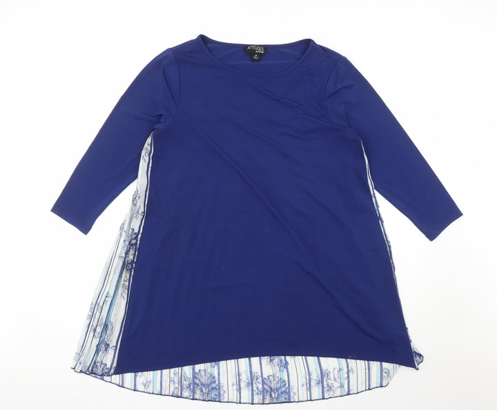 Attitudes Womens Blue Floral Polyester Basic Blouse Size M Round Neck - Pleated Back