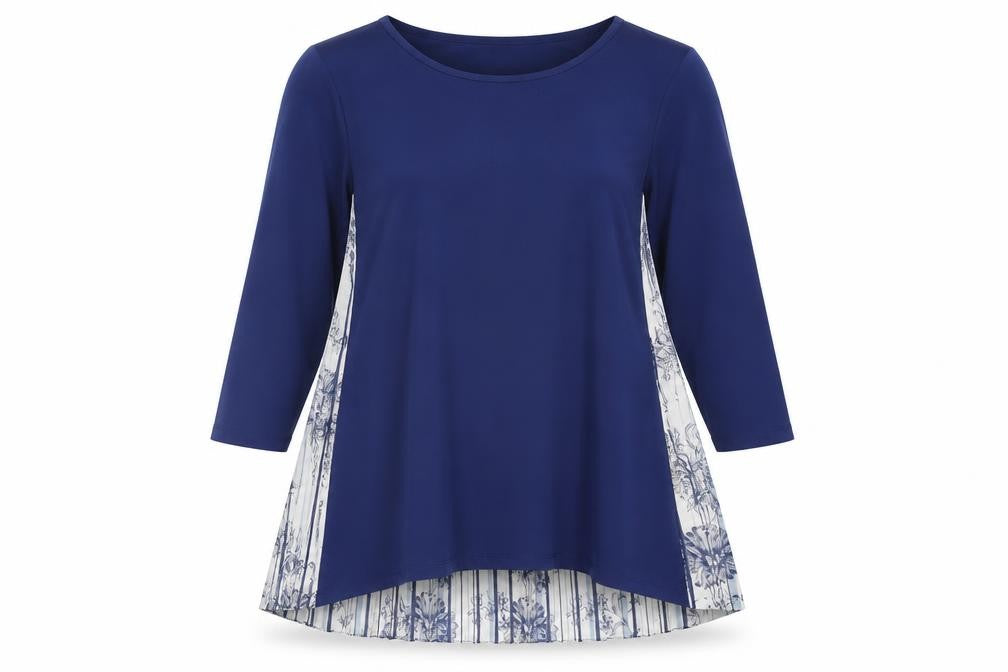 Front view of Attitudes women’s blue floral polyester basic blouse, size M, round neck - pleated back