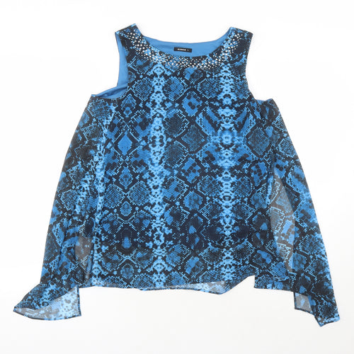Roman Womens Blue Animal Print Polyester Basic Blouse Size 12 Round Neck - Snake Skin Pattern Rhinestone Detail
