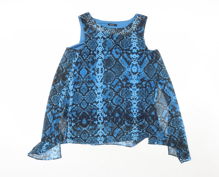 Roman Womens Blue Animal Print Polyester Basic Blouse Size 12 Round Neck - Snake Skin Pattern Rhinestone Detail