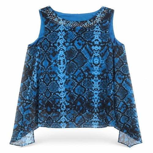 Roman Womens Blue Animal Print Polyester Basic Blouse Size 12 Round Neck - Snake Skin Pattern Rhinestone Detail