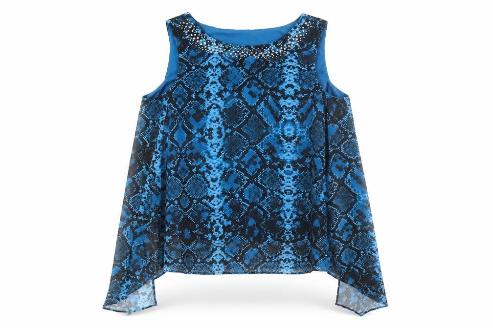 Roman Womens Blue Animal Print Polyester Basic Blouse Size 12 Round Neck - Snake Skin Pattern Rhinestone Detail