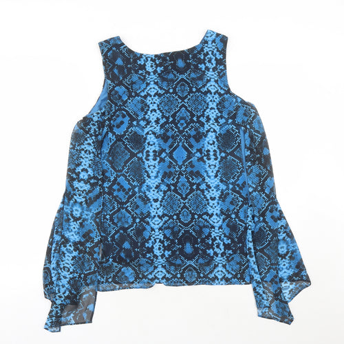 Roman Womens Blue Animal Print Polyester Basic Blouse Size 12 Round Neck - Snake Skin Pattern Rhinestone Detail