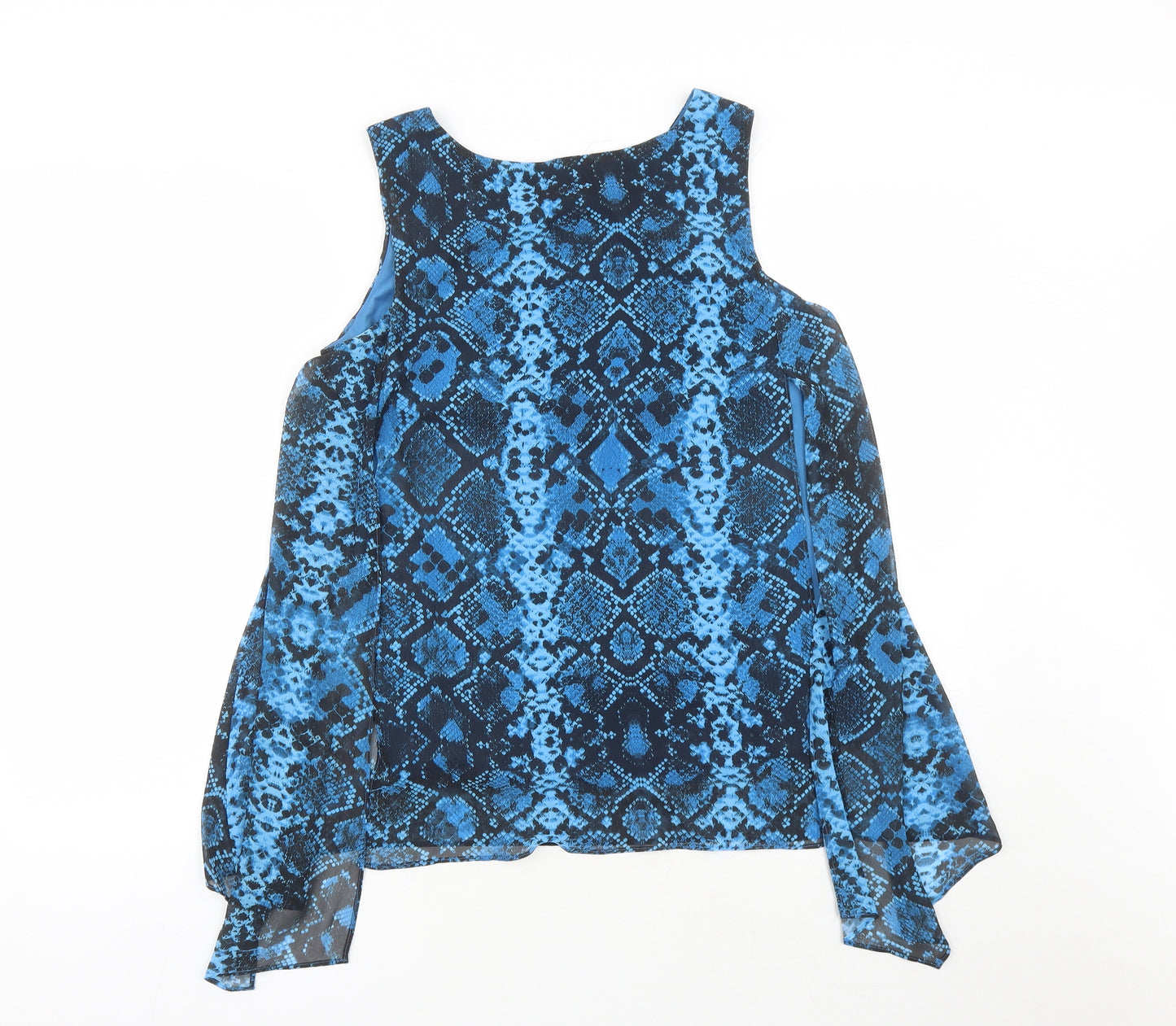 Roman Womens Blue Animal Print Polyester Basic Blouse Size 12 Round Neck - Snake Skin Pattern Rhinestone Detail