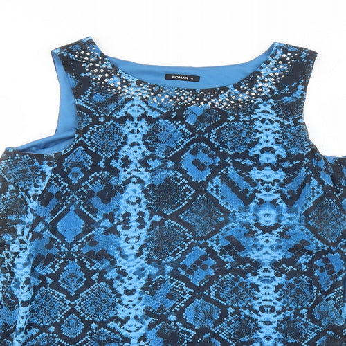 Roman Womens Blue Animal Print Polyester Basic Blouse Size 12 Round Neck - Snake Skin Pattern Rhinestone Detail