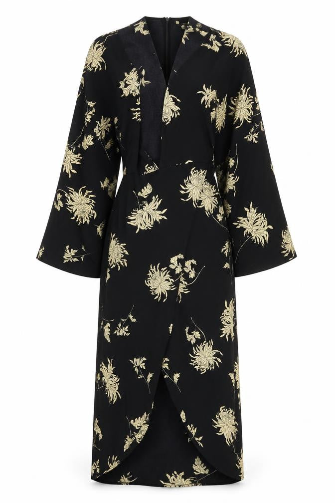 Front view of Missguided women’s black floral polyester a-line, size UK 6, v-neck zip