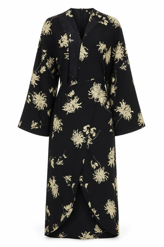 Front view of Missguided women’s black floral polyester a-line, size UK 6, v-neck zip
