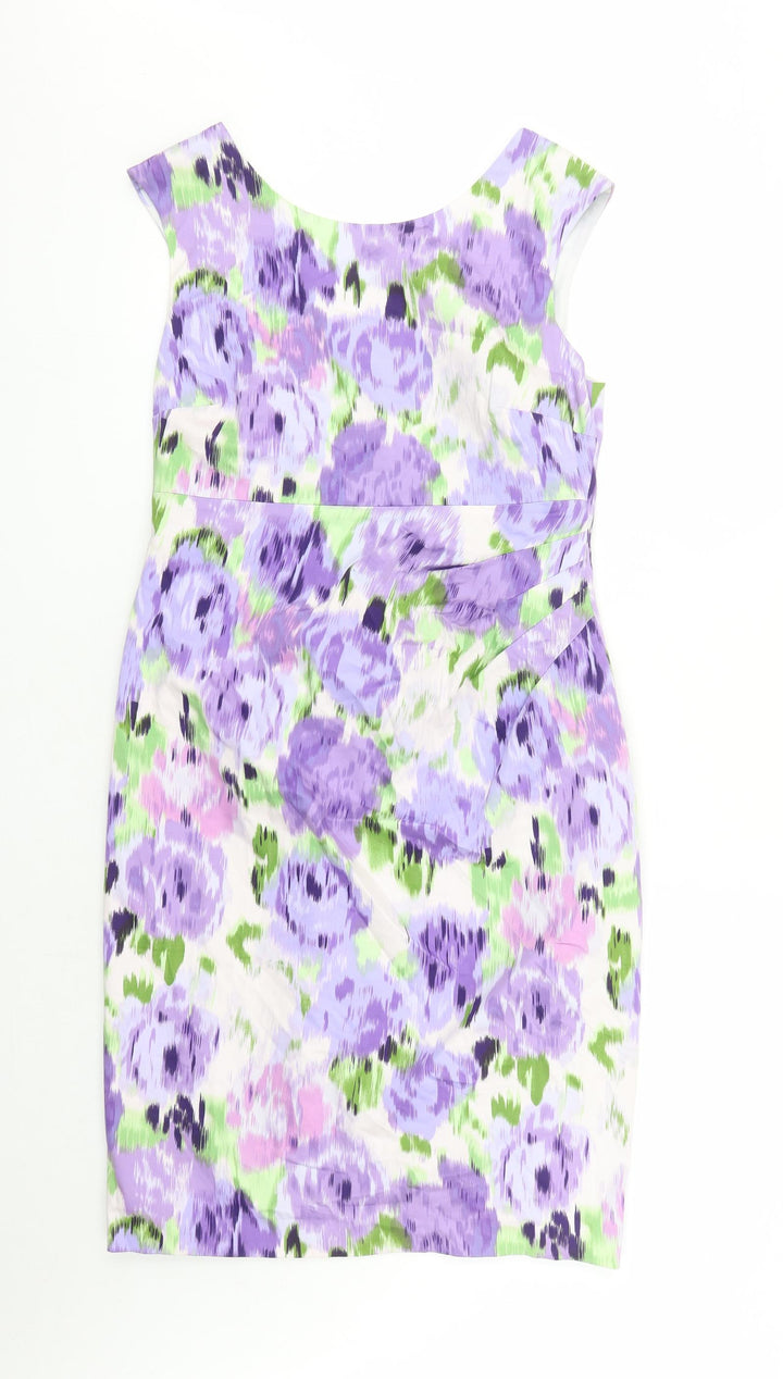 Kaliko Womens Purple Geometric Cotton A-Line Size 10 Round Neck Zip - Lined