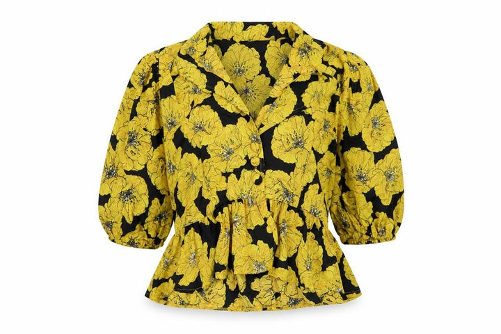 Nasty Gal Womens Yellow Floral Polyester Basic Blouse Size 12 Collared