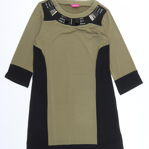 Together Womens Green Colourblock Polyester A-Line Size 12 Round Neck Pullover - Beaded Neckline