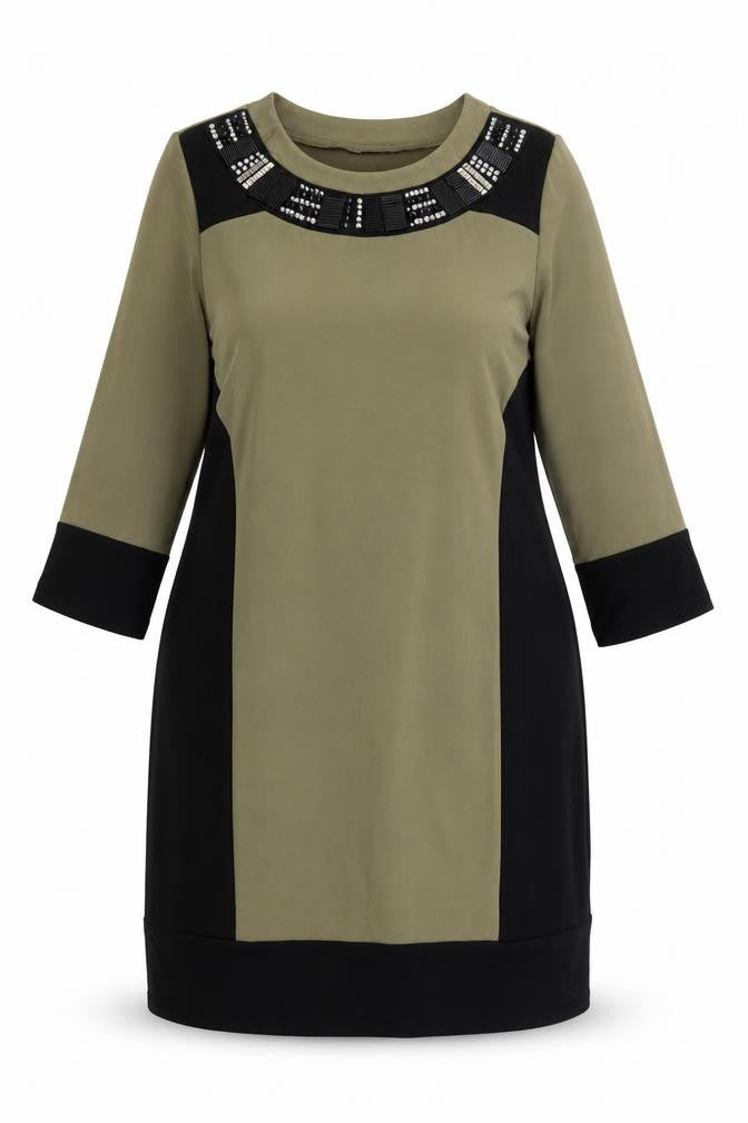 Front view of Together women’s green colourblock polyester a-line, size UK 12, round neck pullover - beaded neckline
