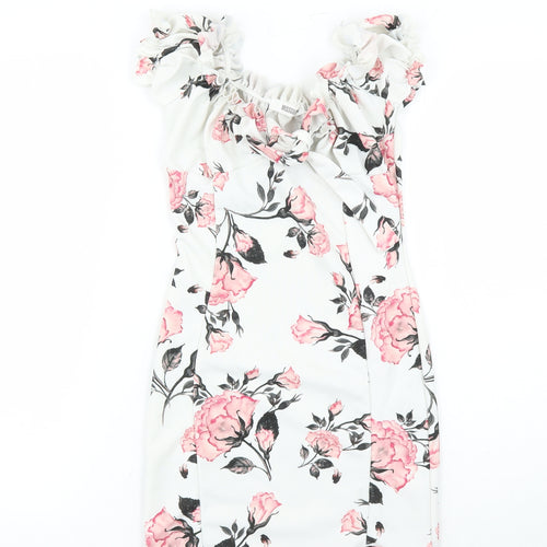 Missguided Womens White Floral Polyester Mini Size 6 Round Neck Pullover