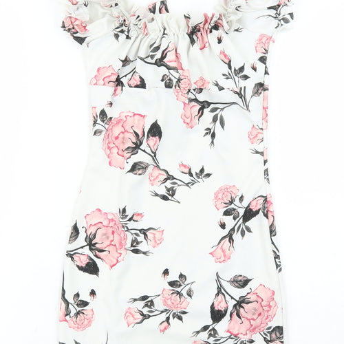Missguided Womens White Floral Polyester Mini Size 6 Round Neck Pullover