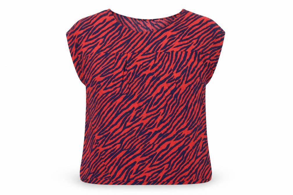 Front view of Next women’s red animal print viscose basic blouse, size UK 10, round neck - tiger pattern