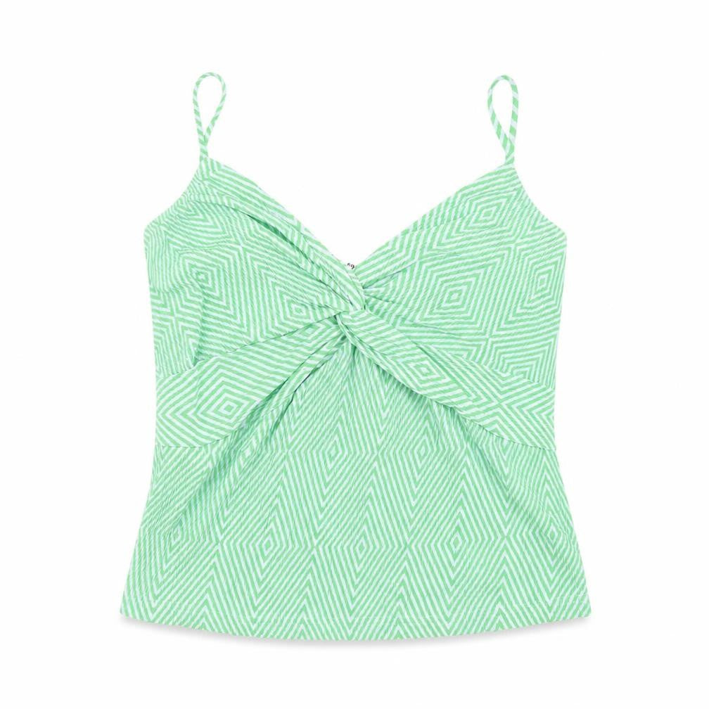 MNG Womens Green Geometric Polyester Camisole T-Shirt Size L V-Neck