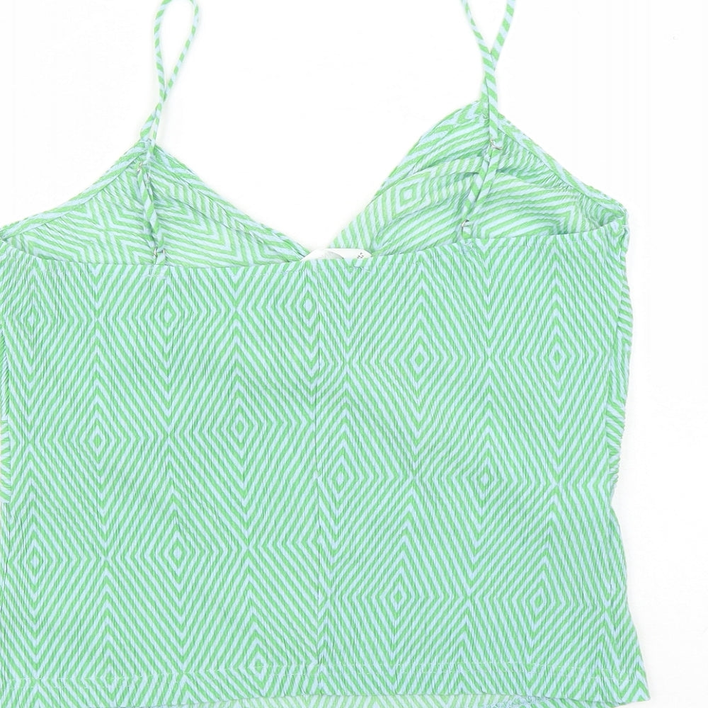 MNG Womens Green Geometric Polyester Camisole T-Shirt Size L V-Neck