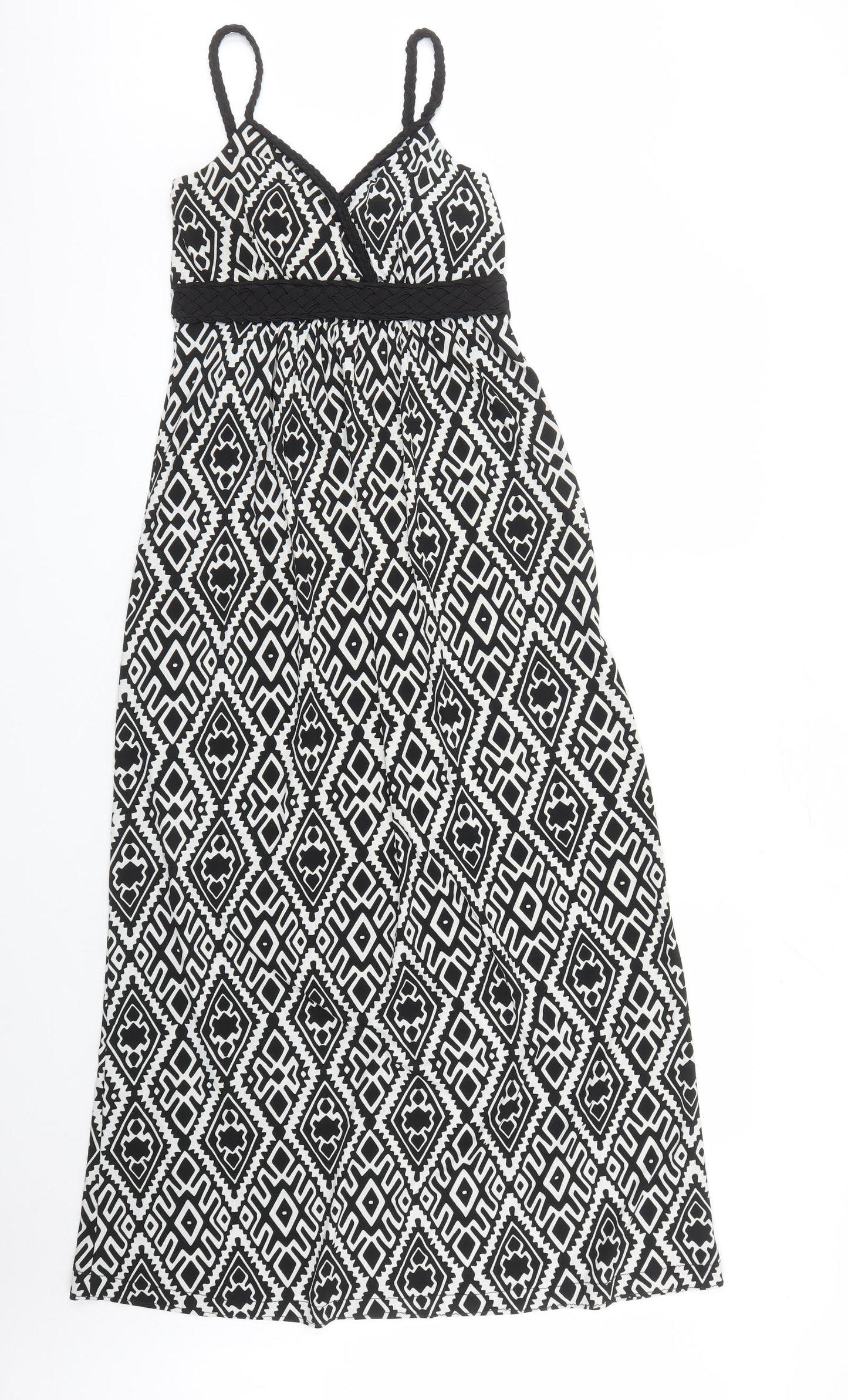 Mandi Womens Black Geometric Polyester Maxi Size 8 V-Neck Pullover
