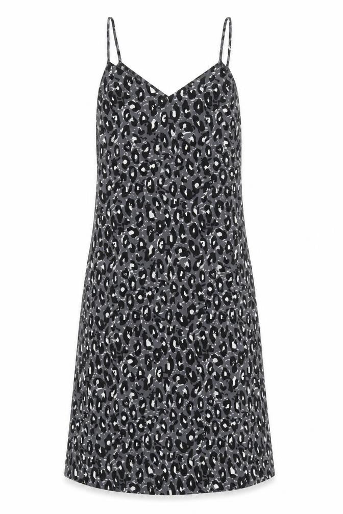 Front view of Next women’s black animal print polyester slip dress, size UK 6, v-neck pullover - leopard pattern