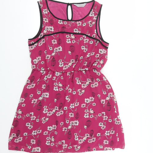 Dorothy Perkins Womens Pink Floral Polyester A-Line Size 14 Round Neck Button
