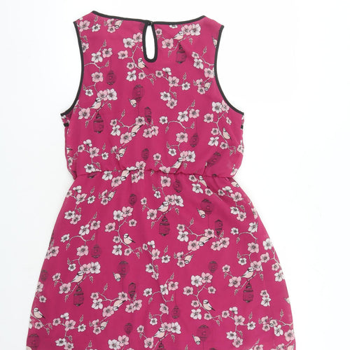 Dorothy Perkins Womens Pink Floral Polyester A-Line Size 14 Round Neck Button