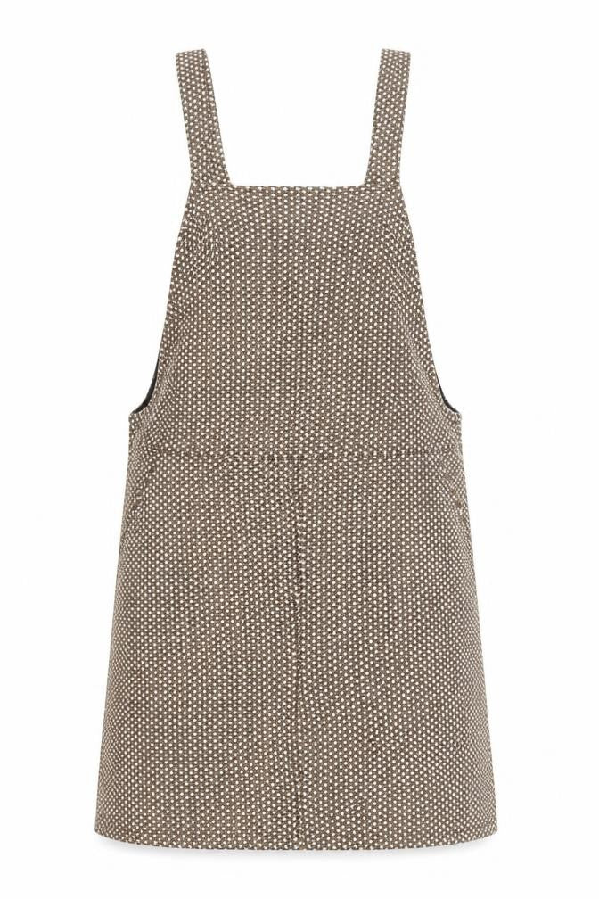 Front view of New Look women’s brown geometric polyester pinafore/dungaree dress, size UK 8, square neck pullover