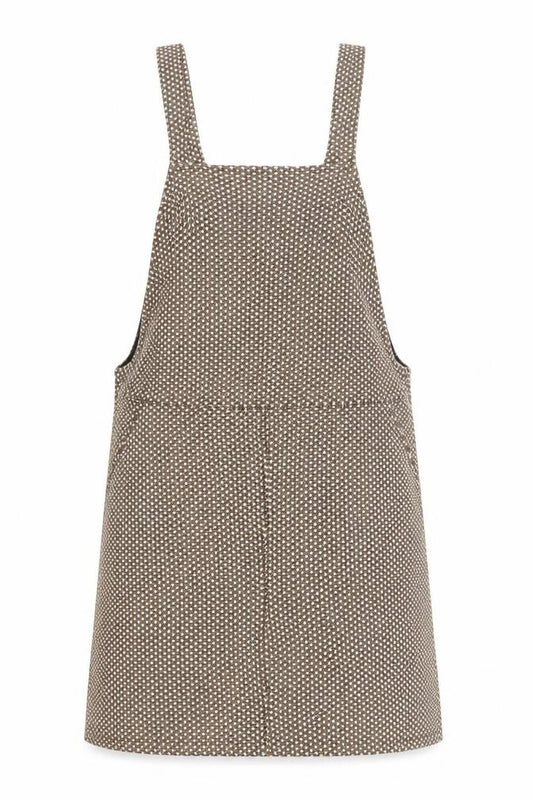 Front view of New Look women’s brown geometric polyester pinafore/dungaree dress, size UK 8, square neck pullover