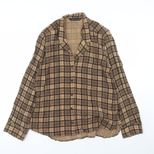 Zara Womens Brown Plaid Cupro Basic Button-Up Size XS Collared