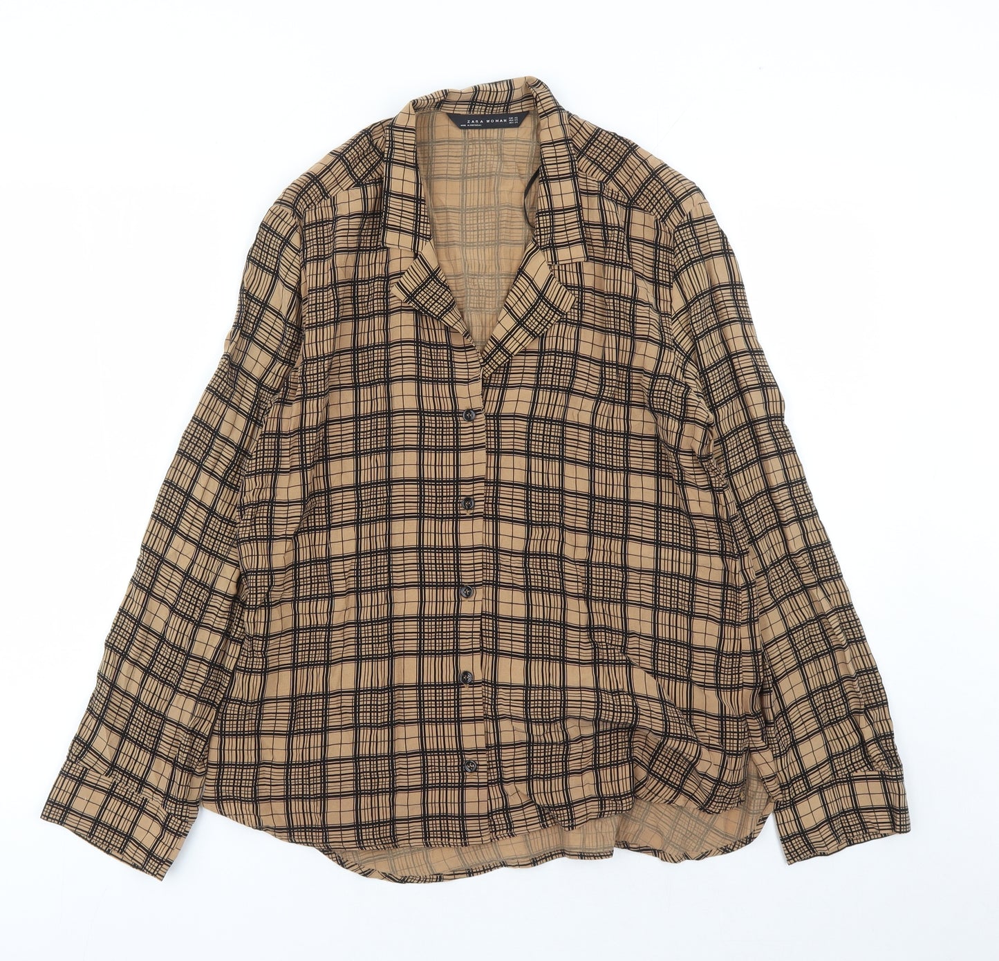 Zara Womens Brown Plaid Cupro Basic Button-Up Size XS Collared