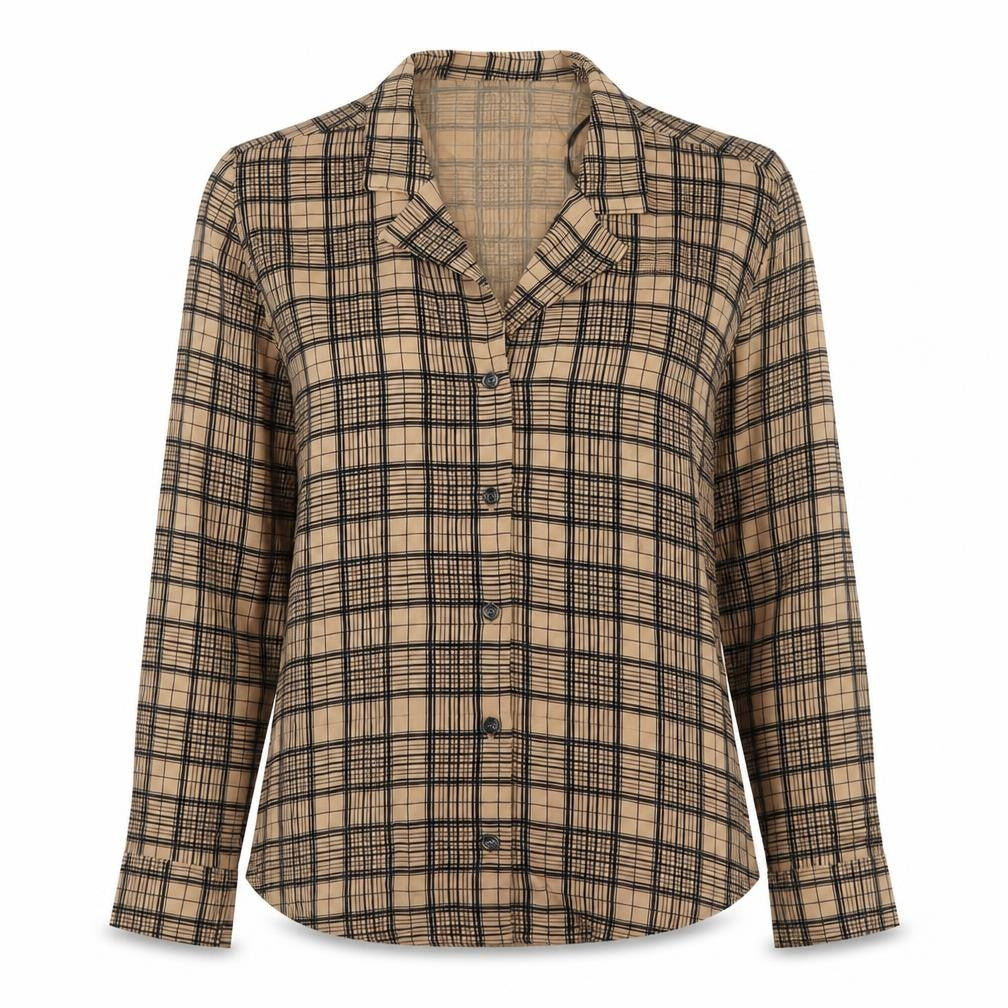 Front view of Zara women’s brown plaid cupro basic button-up, size XS, collared
