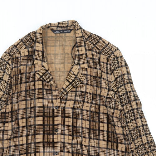 Zara Womens Brown Plaid Cupro Basic Button-Up Size XS Collared