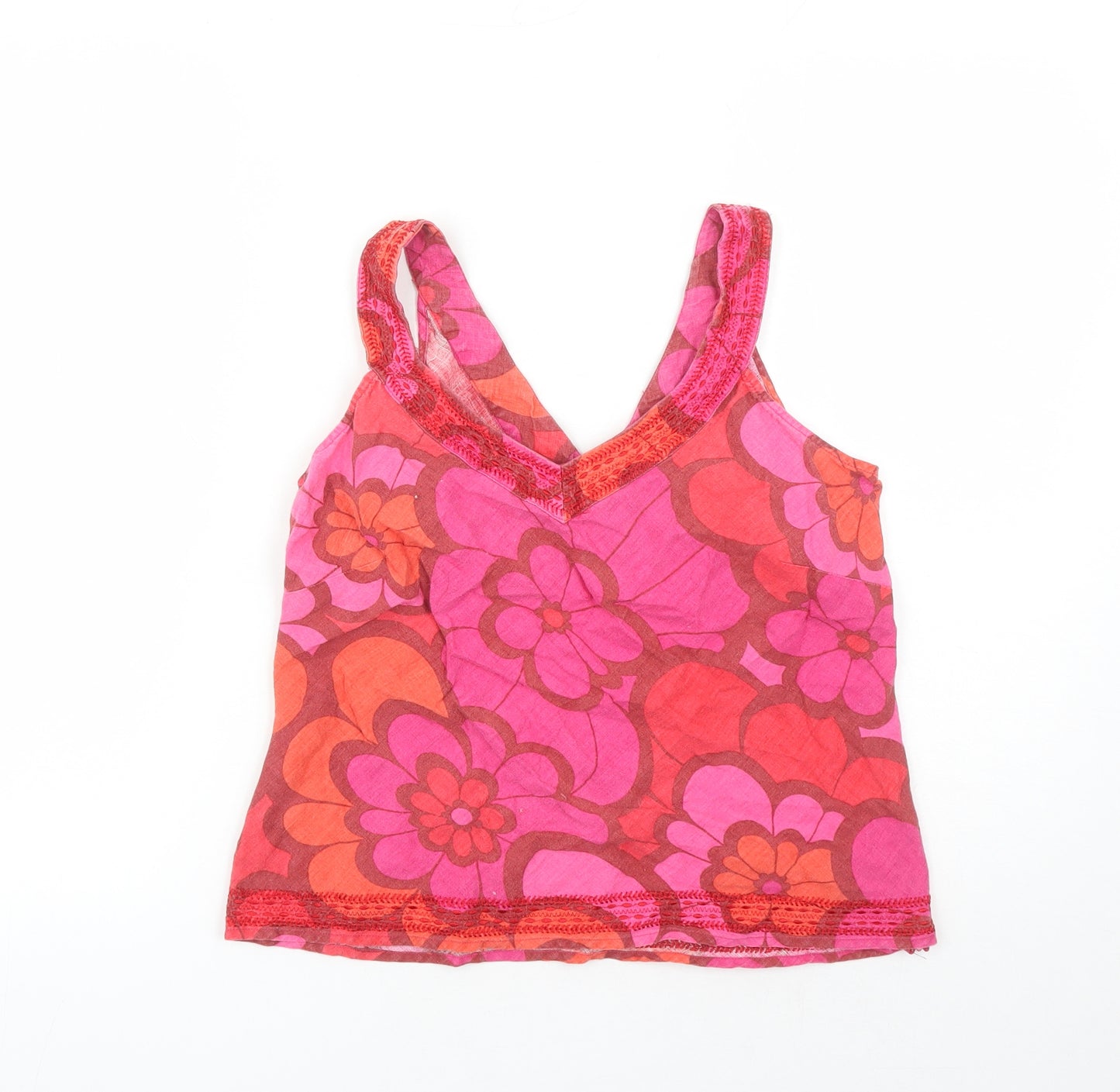 Monsoon Womens Pink Floral Linen Camisole Tank Size 12 V-Neck - Embroidered Detail