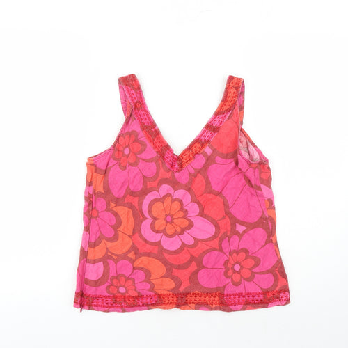 Monsoon Womens Pink Floral Linen Camisole Tank Size 12 V-Neck - Embroidered Detail