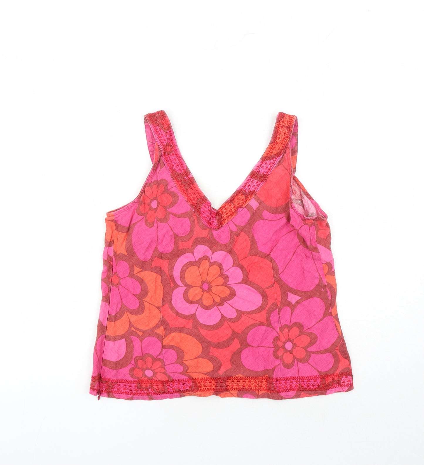 Monsoon Womens Pink Floral Linen Camisole Tank Size 12 V-Neck - Embroidered Detail