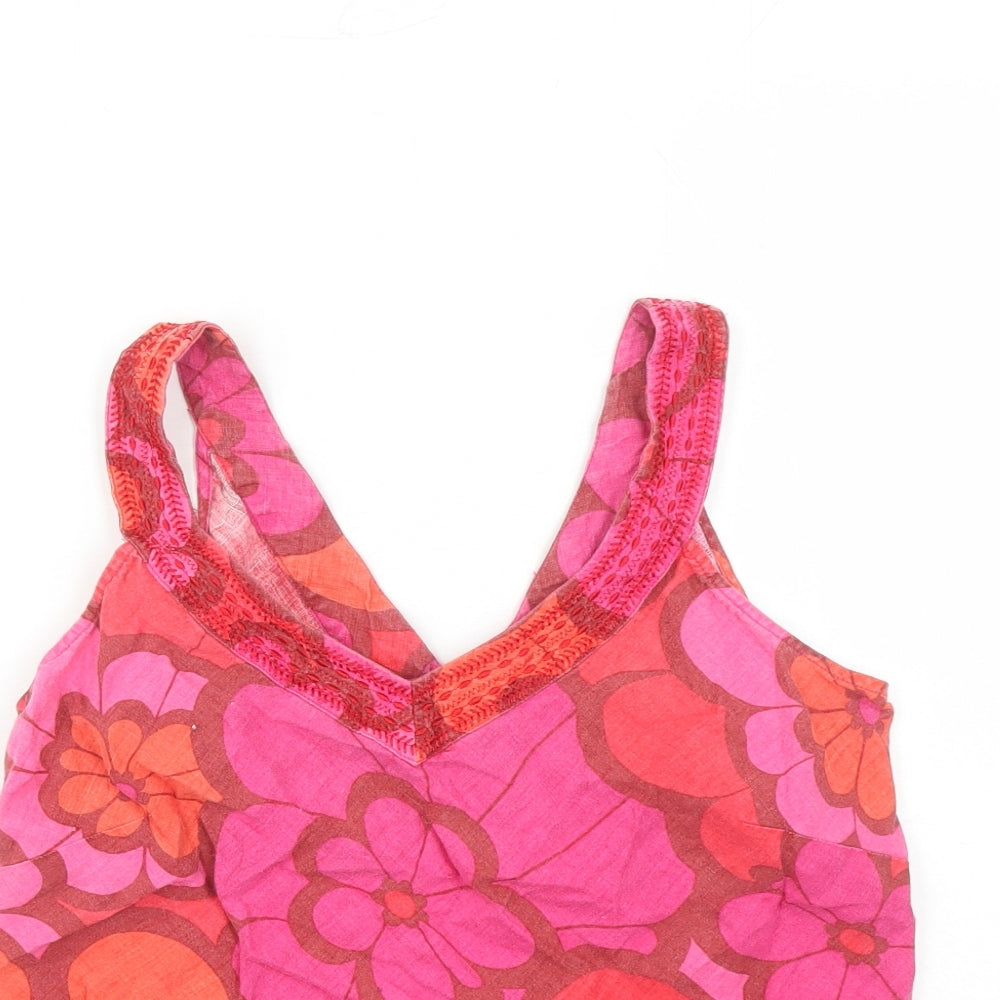 Monsoon Womens Pink Floral Linen Camisole Tank Size 12 V-Neck - Embroidered Detail