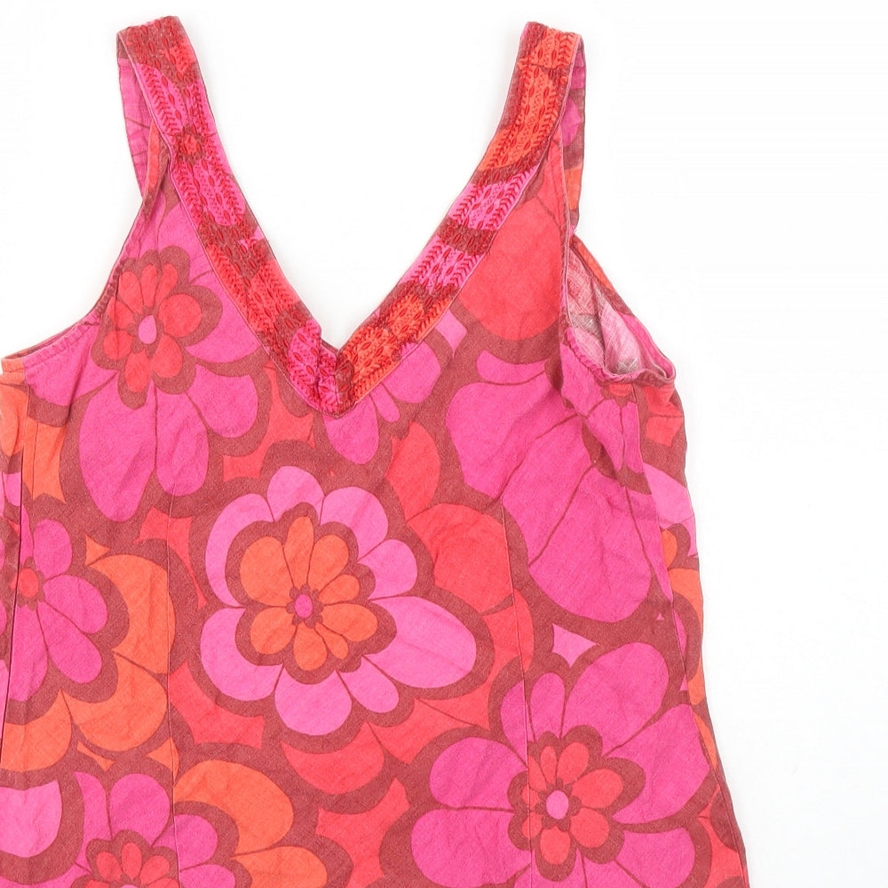 Monsoon Womens Pink Floral Linen Camisole Tank Size 12 V-Neck - Embroidered Detail