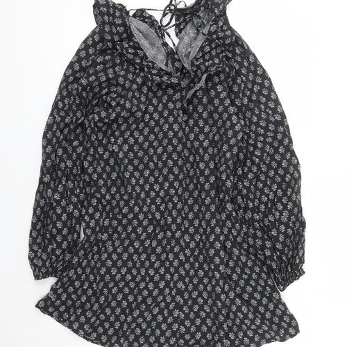 Divided by H&M Womens Black Floral Viscose A-Line Size M V-Neck Pullover - Tie Detail
