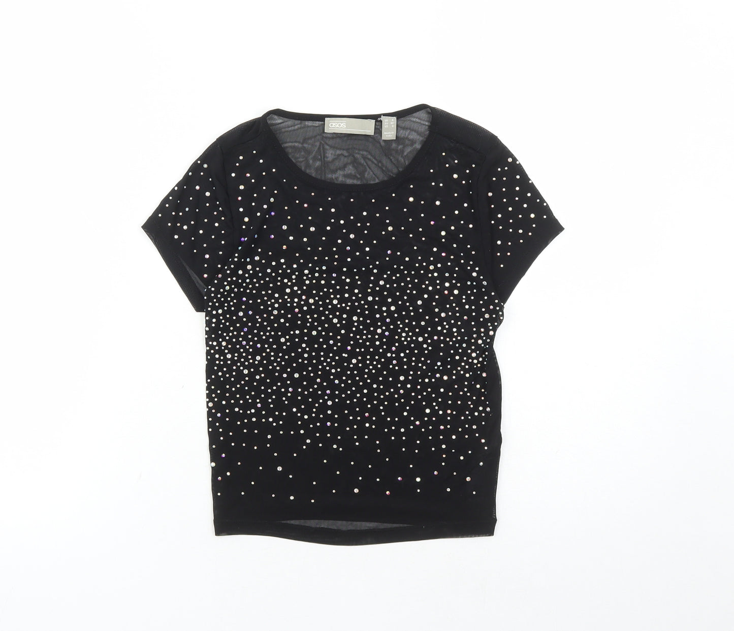 ASOS Womens Black Nylon Cropped T-Shirt Size 4 Round Neck - Rhinestone Detail