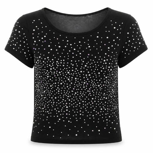 ASOS Womens Black Nylon Cropped T-Shirt Size 4 Round Neck - Rhinestone Detail