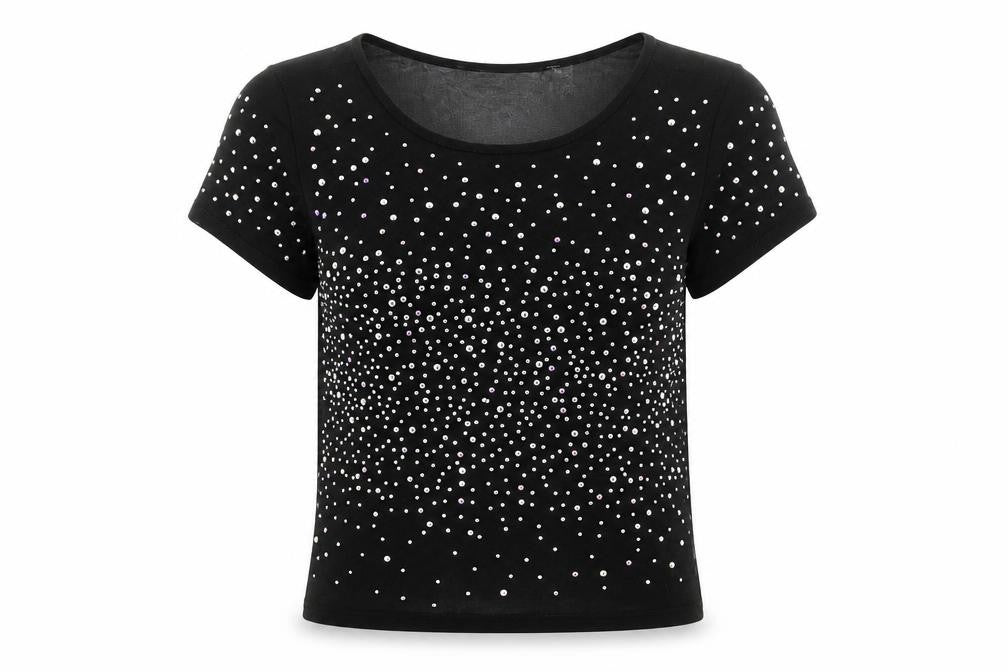 ASOS Womens Black Nylon Cropped T-Shirt Size 4 Round Neck - Rhinestone Detail