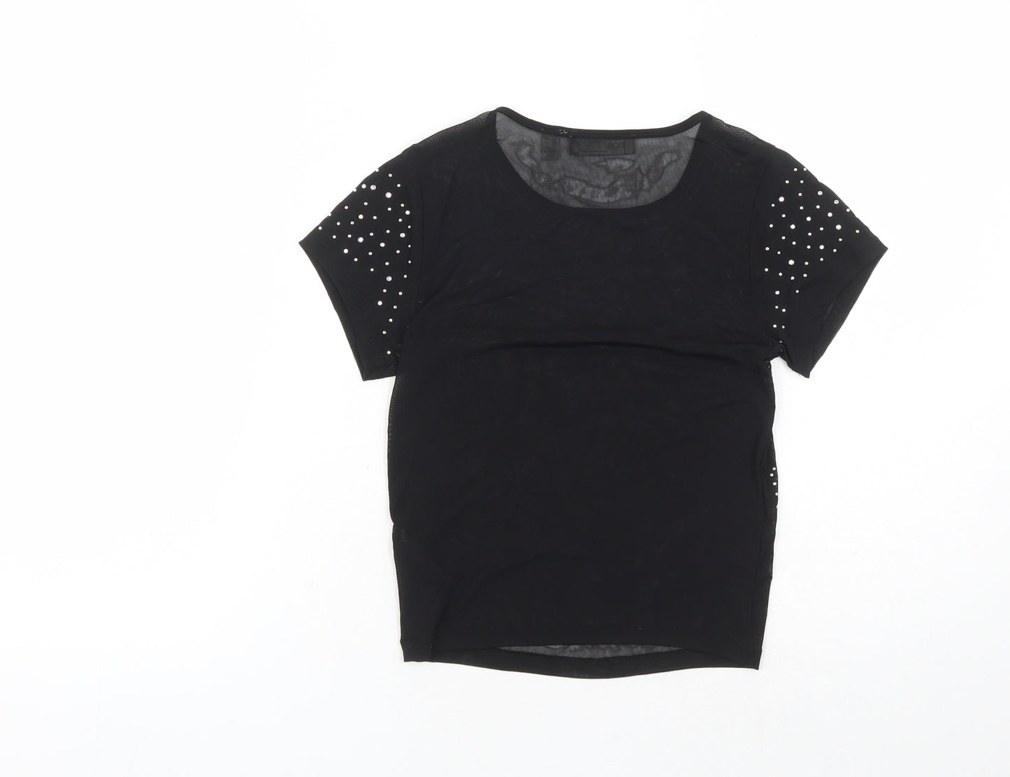 ASOS Womens Black Nylon Cropped T-Shirt Size 4 Round Neck - Rhinestone Detail