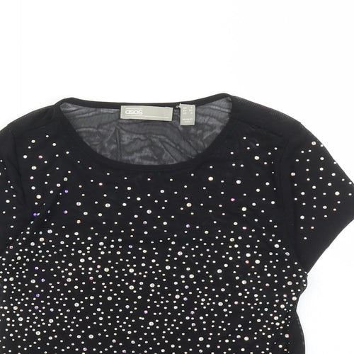 ASOS Womens Black Nylon Cropped T-Shirt Size 4 Round Neck - Rhinestone Detail